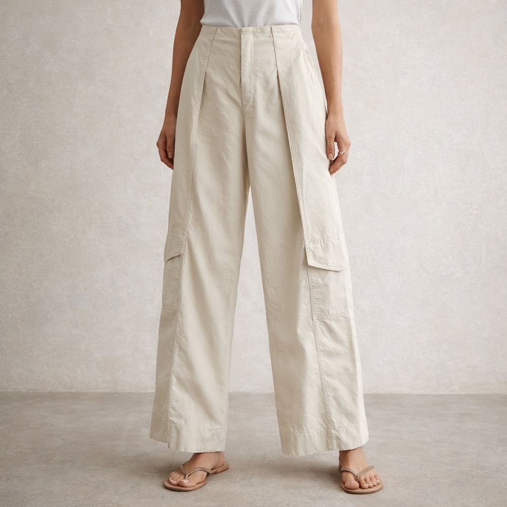 Zara Wide Leg Cargo Pants Beige Pleated High Rise Cotton Utility M - Picture 2 of 14